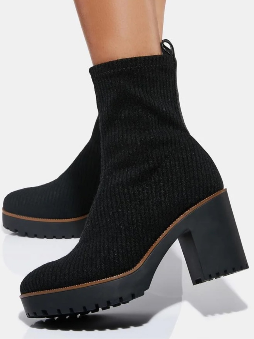 Chinese Laundry Garvey Black Knit Lug-Sole Block Heel Ankle Boots Size 7